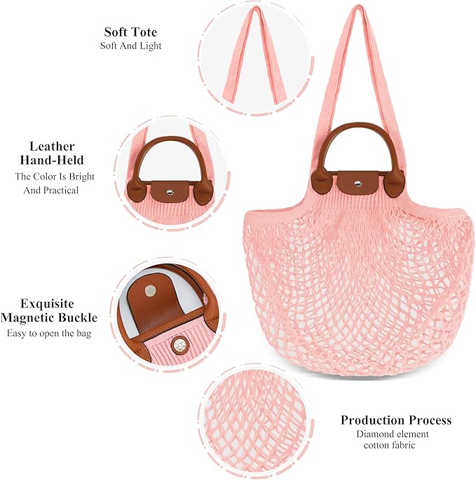 Hibala Woven Bag for Women, Fishing net bag,Straw Mesh Tote Bag, Beach,Hobo Bag, Foldable Large Capacity