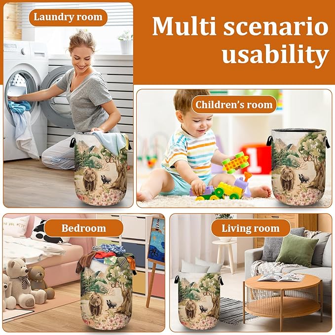 Forest Bear Deer Laundry Basket with Sturdy Handles, Watercolor Wild Animal Collapsible Oxford Cloth Laundry Hamper Organizer Basket for Bathroom Bedroom 15.7x20 Inch