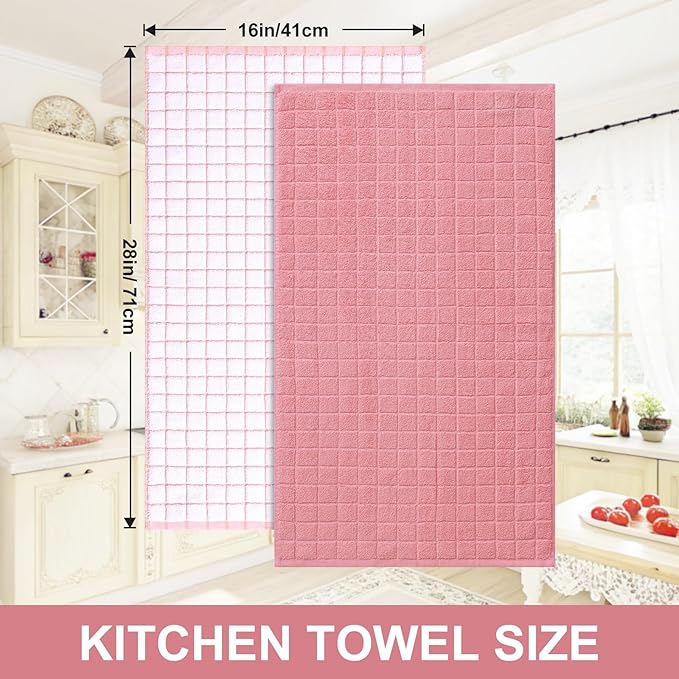 Homaxy Premium Cotton Kitchen Towels 16"x 28", Large Natural Ring Spun 390 GSM Dish Towels, Super Absorbent Terry Kitchen Hand Towels, Soft Tea Towels with Hanging Loop, Pink Check Design, 8 Pack