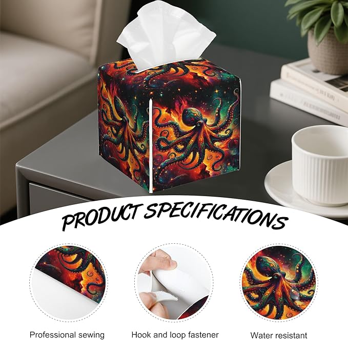 Mystical Octopus Tissue Box Cover,Colorful Galaxy PU Leather Tissue Box Holder Square,Modern Home Decoration for Bathroom Living Room Kitchen Office Car,5.2"×5.2"×5.2"