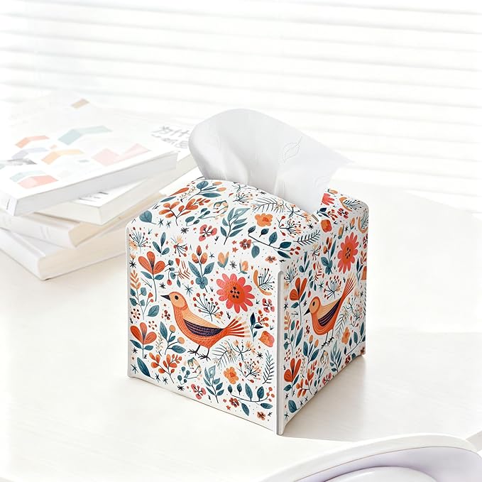 Floral Bird Tissue Box Holder, Scandinavian Leather Tissue Box Cover Square, Paper Napkins Everyday Dispenser for Bathroom Vanity Countertop Night Stands Kitchen Office Car Home Decor