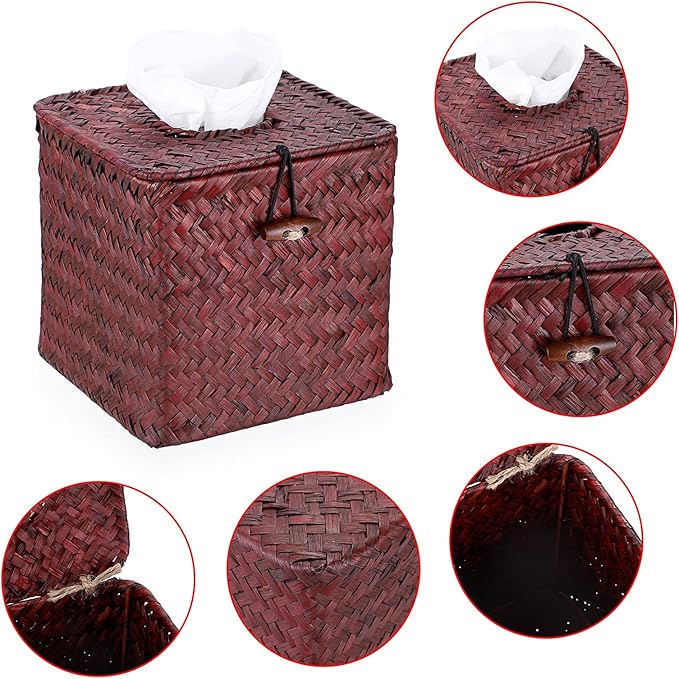 Sumnacon Tissue Box Cover Square Seagrass Tissue Box with Lid, Woven Tissue Box Holder Rustic Cube Tissue Cover for Bathroom Toilet Bedroom Living Room Kitchen Table Desk Office Car, Red Brown