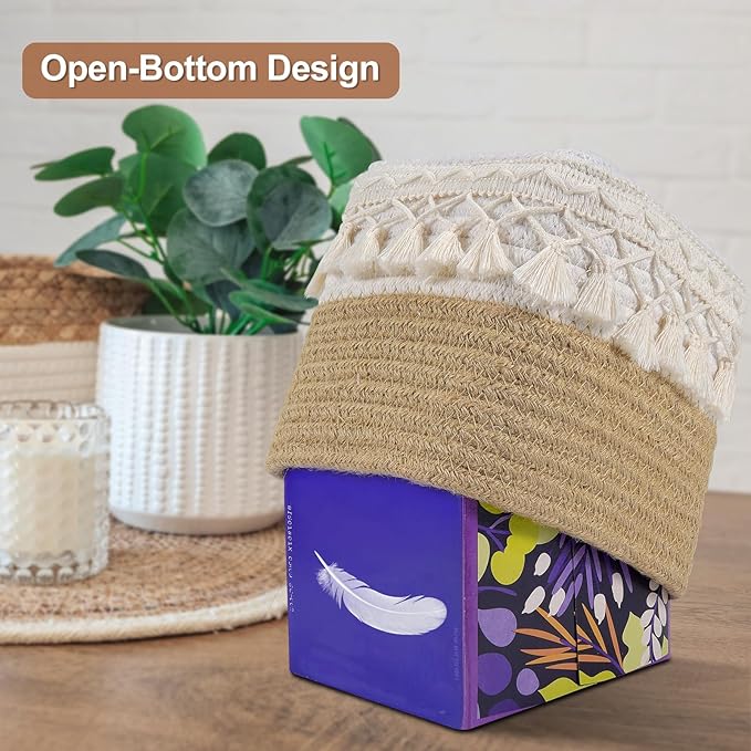Natural Boho Tissue Box Cover: Handwoven Square Holder with Tassel for Bathroom, Table & Kitchen – Open-Bottom Design Decorative Cover for Home, Office & Farmhouse Decor