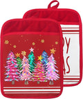 Red Merry Christmas Tree Pot Holders with Pockets, Holiday Winter Snowflake Colorful Christmas Tree Oven Pot Holders Heat Resistant Oven Mitts Hot Pads for Kitchen Baking Cooking, Set of 2