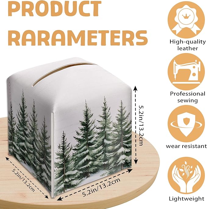 Winter Pine Tree Tissue Box Holder, Leather Tissue Box Cover Square with Bottom Belt, Paper Facial Decorative Tissues Cover for Night Stands Bathroom Kitchen Office Home Decor-B23