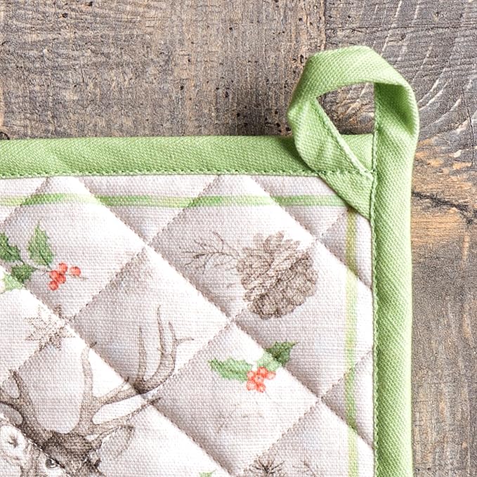 Maison d' Hermine Pot Holders Set 100% Cotton Heat Resistant Potholders 8" x 8" Hot Pads with Loop for Thanksgiving Christmas Decorations BBQ Baking Handling Hot Pans (Pack of 2, Christmas Dew)