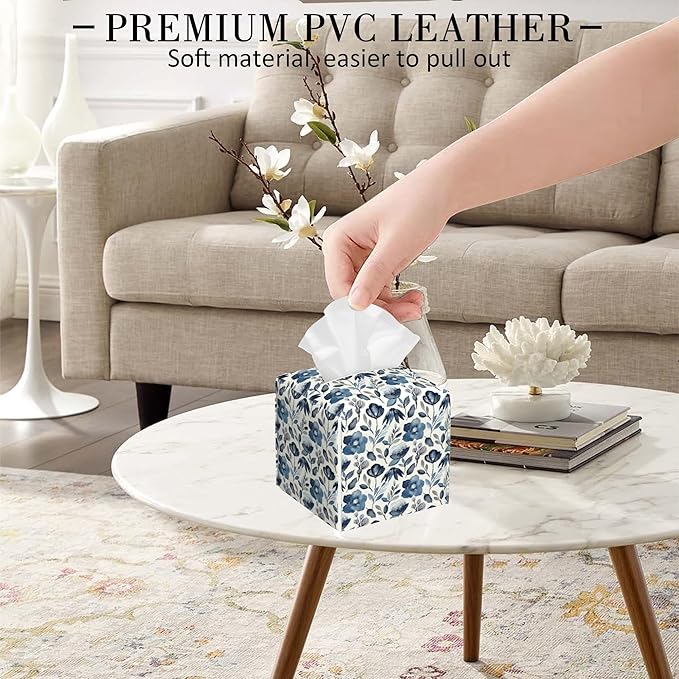 POIUBLE Leather Tissue Box Holder Blue Flowers Tissue Box Cover Square Waterproof Tissue Holder Organizer Modern Napkin Holder for Bedroom Dresser Night Stand Office Desk