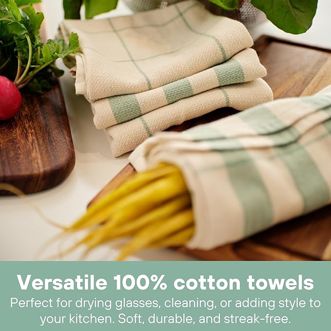 MEEMA Home & Kitchen Towels & Dishcloths Sets of 4 | Large 18 x 28 Kitchen Essentials & Hand Towels | Upcycled Cotton Tea Towel & Hand Towel | Dish Cloths for Washing Dishes | Sage Green Stripes