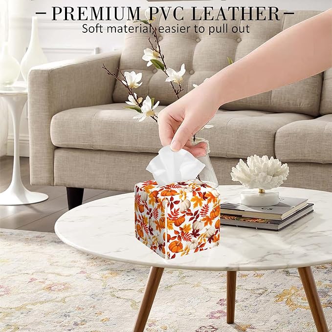 POIUBLE Leather Tissue Box Holder Autumn Pumpkins and Leaves Tissue Box Cover Thanksgiving Square Waterproof Tissue Holder Organizer Modern Napkin Holder for Bedroom Dresser Night Stand Office Desk