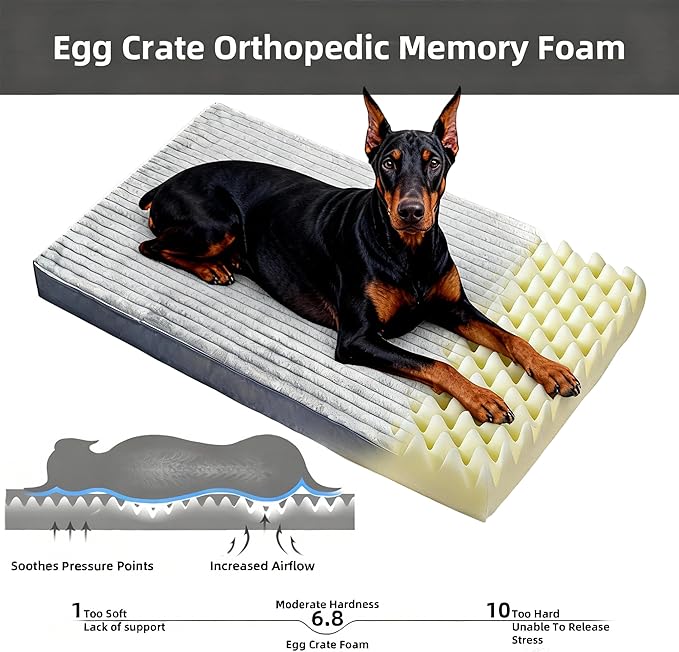Dog Bed Extra Large Sized Dogs, Orthopedic Flannel XXL Dog Bed with Removable Washable Cover, Waterproof Indestructible Big Dogs Beds with Anti-Slip Bottom, Egg Crate Memory Foam Pad, 47"x29"x4", Grey