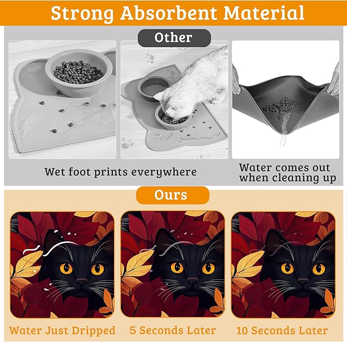 Dog Bowl Mat,Black Cat Pet Feeding Mat for Floors Waterproof,Forest Red Absorbent Dogs Placemat for Food and Water Quick Dry Pet Cat Feeding Mats with Non Slip Bottom 12" x 20"