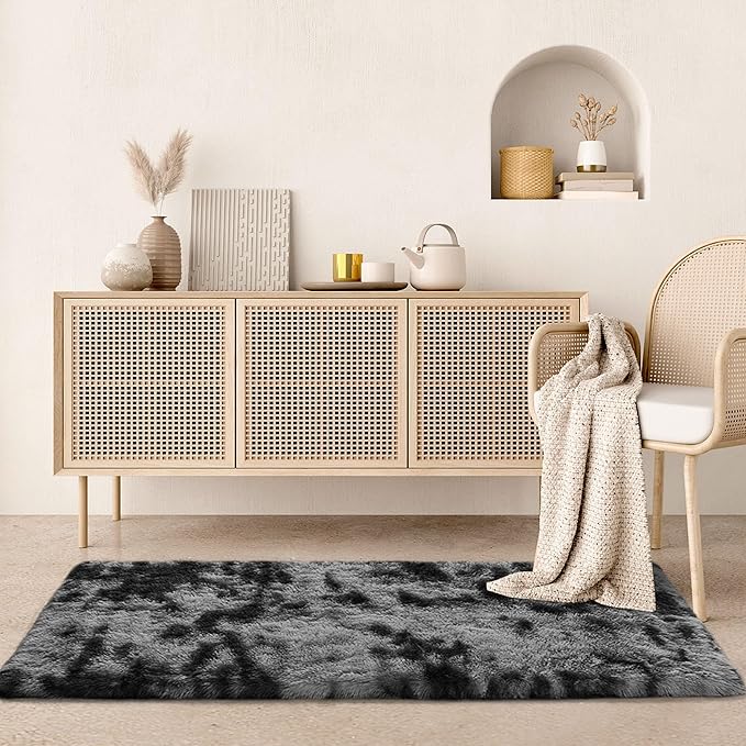 2x6 Fluffy Soft Runner Rug for Bedroom Living Room, Dark Grey and Black Carpet Runners for Hallways Non-Slip Shaggy Bedside Long Rug, Fuzzy Shag Bedroom Runner for Kids Room Dorm Nursery