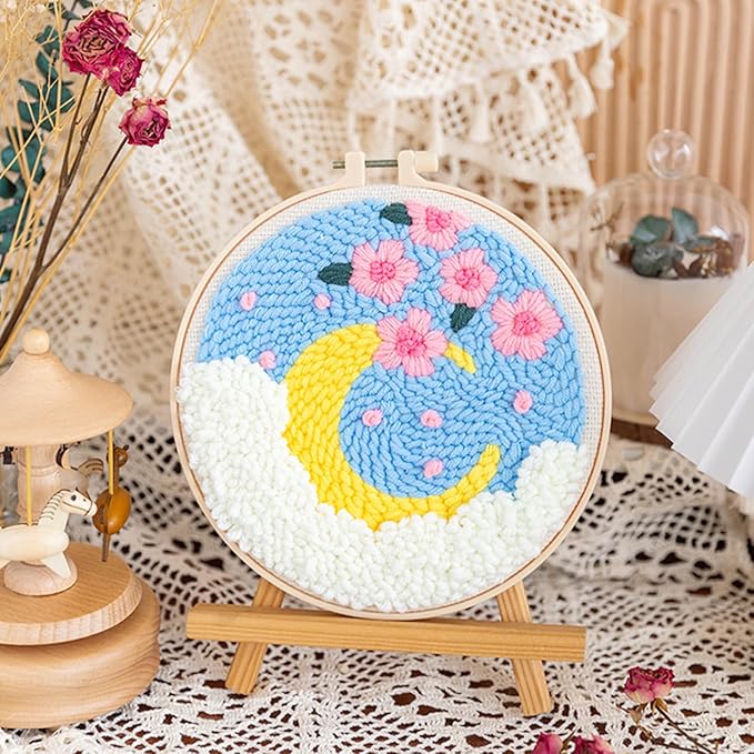 Woohome Punch Needle Kit Included Plastic Hoops, Punch Needle Cloth, Color Yarn and Punch Needle Tools for Adults, Beginners (Moon and Sunflower)