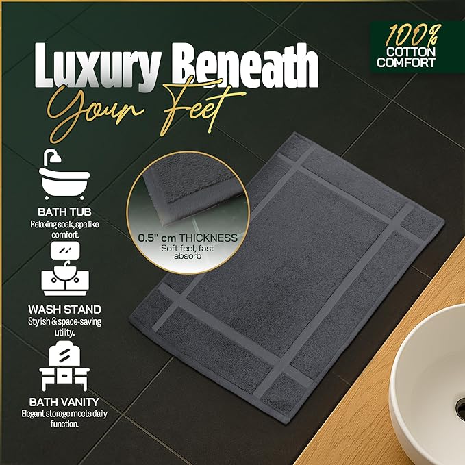 Pearl Linens 100% Ring Spun Cotton Bath Mat (Pack of 2) 20 x 30 Inch, Washable, Soft & Absorbent Terry Bathroom Floor Mat – Not Bathroom Rugs – Quick-Dry After Shower Bath Mat, 687 GSM, Dark Grey