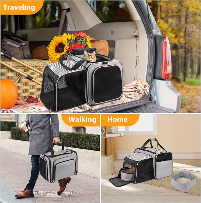 Cat Carrier with Litter Box, Collapsible Soft Sided Pet Carrier for Car Travel, Cat Travel Carrier with Locking Zippers, Expandable Cat Carrier with Food Bowl for Cats/Puppies up to 25 lbs, Grey