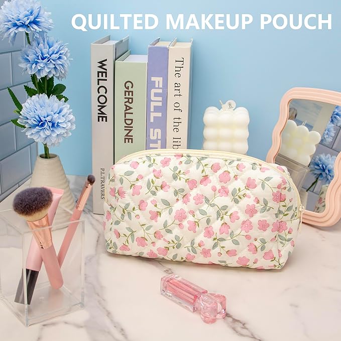 PAZIMIIK 2PCS SET Vintage Quilted Makeup Bag Cosmetic Pouch for Brushes Pencils and Travel Make Up Accessories for Women and Girls Flower White