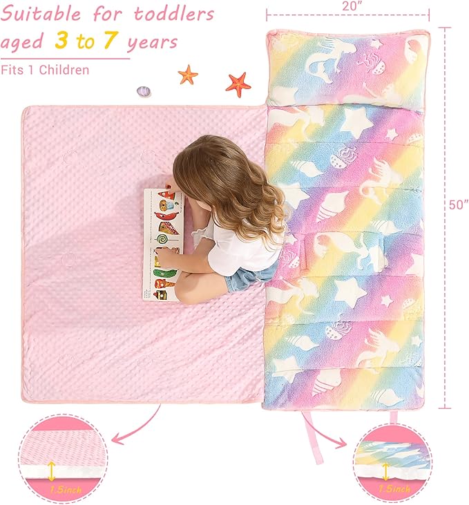 Lasoftan Toddler Nap Mat with Pillow and Blanket, Extra Large Rolled Napping Mats,Slumber Bags for Boys Girls,Kids Sleeping Bag for Daycare, Preschool Travel Camping
