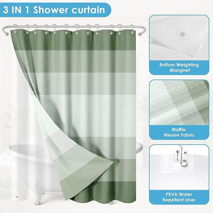 Nesphy Shower Curtain and Liner, Ombre Green Striped 3 in 1 Shower Curtain and PEVA Liner Set with 12 Rust-Resistant Metal Hooks, Waterproof Fabric Shower Curtains for Bathroom, 72 W x 72 H