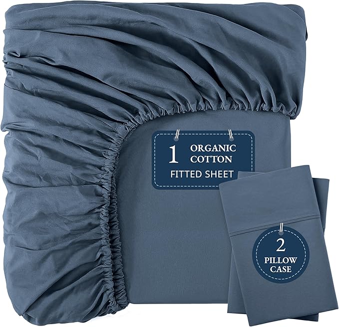 LANE LINEN Fitted Sheet King Size, 100% Organic Cotton, 3-Piece Set (1 Fitted Sheet,2 Pillowcases), Percale Weave, Ultra Soft, Breathable,Fits Mattress Upto 15" Deep - Navy (No Flat Sheet)