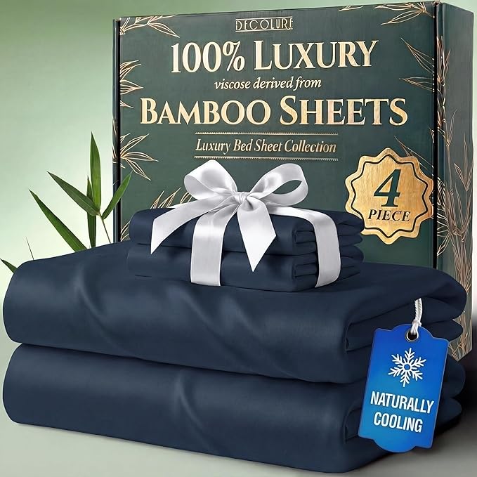 DECOLURE 100% Viscose Derived from Bamboo Sheets Twin Size - Luxury 4 Pc Naturally Cooling Sheets, Ultra Soft Bed Set - Deep 17" Pockets, Durable Double Stitching, Oeko Tex Standard (Navy Blue)