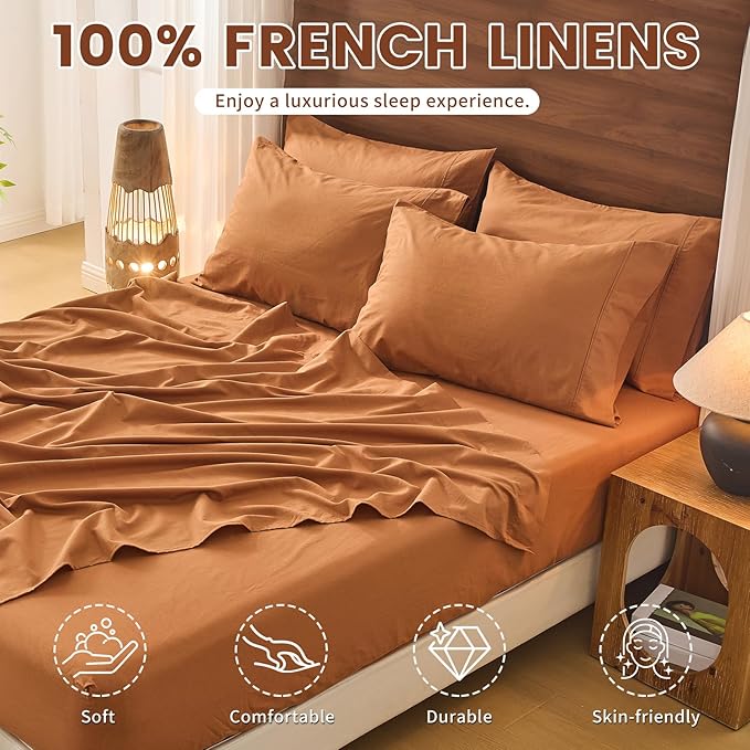 Bedlifes 100% French Pure Linen Sheets King Size Breathable and Cooling Flax Sheet Set Soft Durable and Moisture Wicking 16 Inch Deep Pocket-4 Piece(King,Brown)