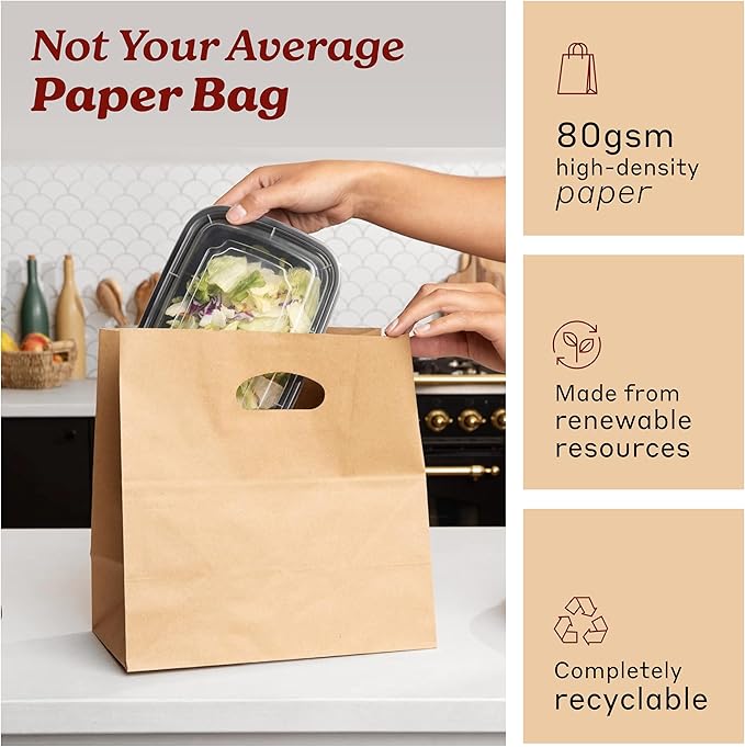 Natural Brown Kraft Paper Bags with Die Cut Handles 11" x 6" x 11" - Recyclable Shopping Tote Bag for Retail, Gifts, Restaurant Takeout, Catering, Bakery, Small Business, Party Favors - 500 Pack