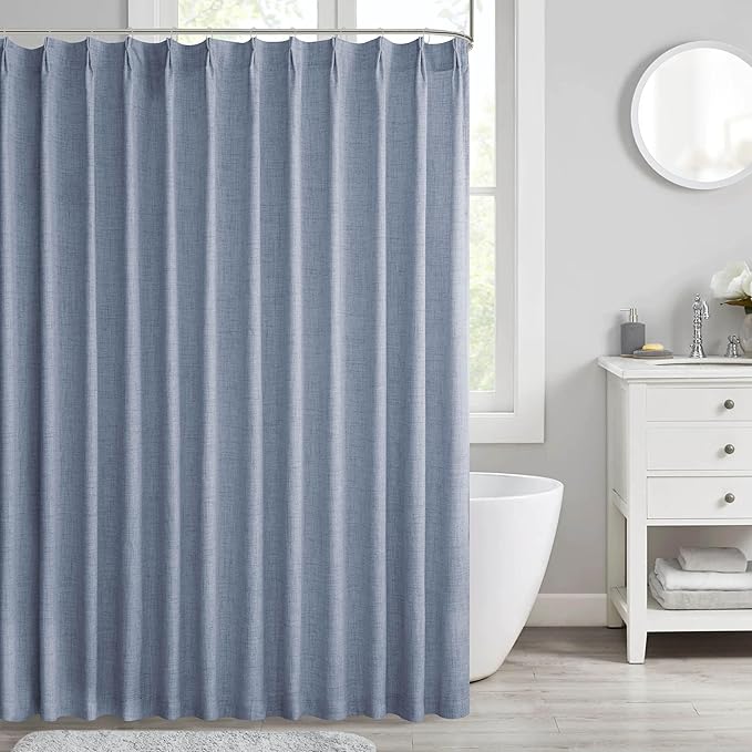 HIG Dusty Blue Linen-Like Pinch Pleated Shower Curtain, 72 Inch Wide, Fabric Bathroom Curtain with Memory Shape, Modern Neutral Solid Color, Machine Washable Privacy Cloth Curtain for All Season Use