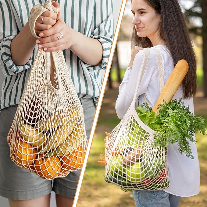 Xelsluthe 2 PCS Cotton Mesh Grocery Bags, Reusable Mesh Produce Net Bags, Long Handle String Shopping Tote Bag for Fruit Veggie Food Storage