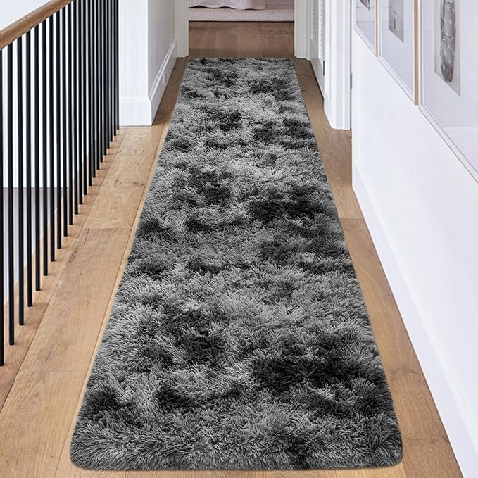 2x8 ft Plush High Pile Black Tie-Dyed Rug Fluffy Soft Runner Bedside Rug for Bedroom Living Room Hallway Nursery Kids Home Decor Shag Carpet
