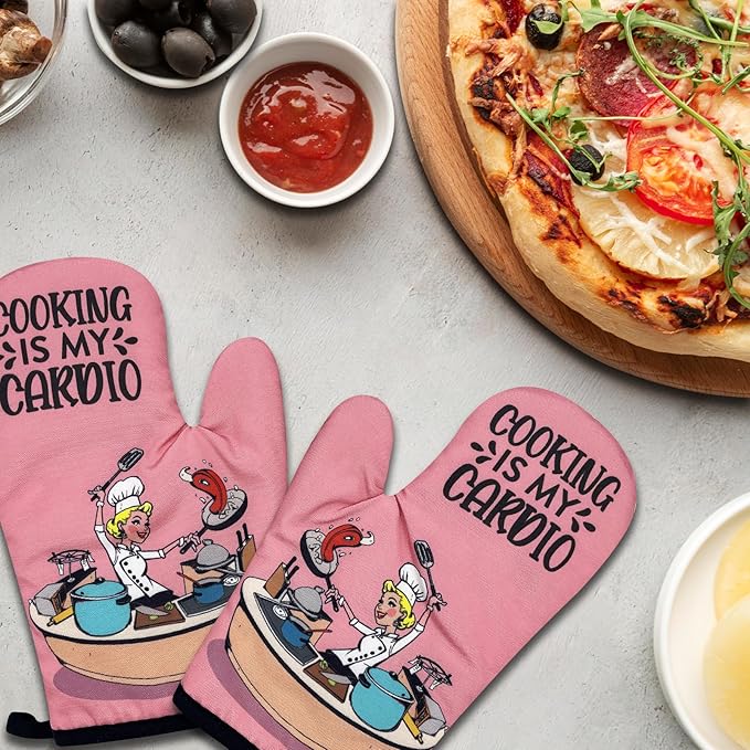 2 Pack Funny Oven Mitts for Women, Cooking is My Cardio, Heat Resistant Silicone Non-Slip Mitts, Sweet Housewarming Gifts for Baker Chef Cooking Lovers, Hostess Gifts for Mom Wife Sister
