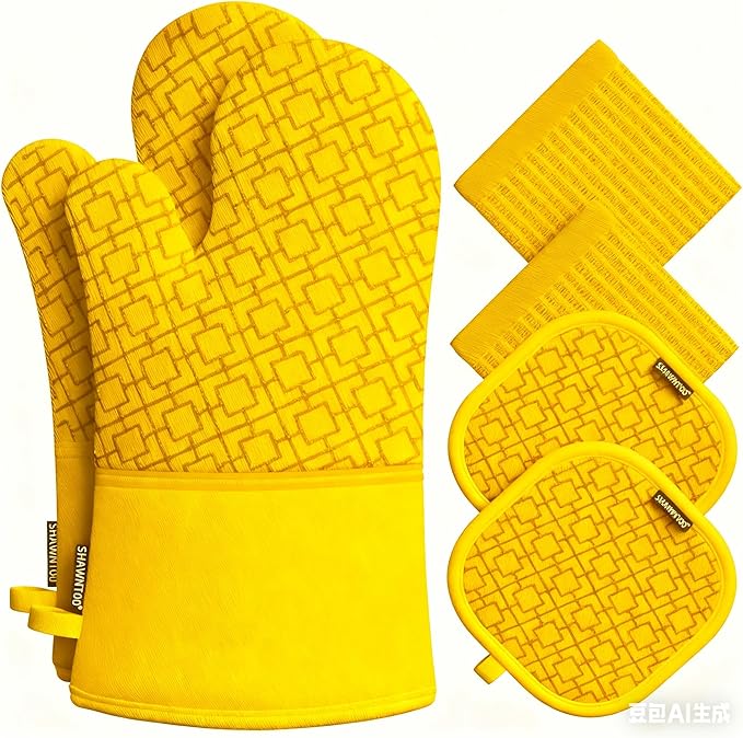 Oven Mitts and Pot Holders Sets 6pcs, Kitchen Oven Glove,High Heat Resistant 550 Degree Extra Long Oven Mitts and Potholders with Non-Slip Silicone Surface for Home Essentials (Grey) (Yellow)