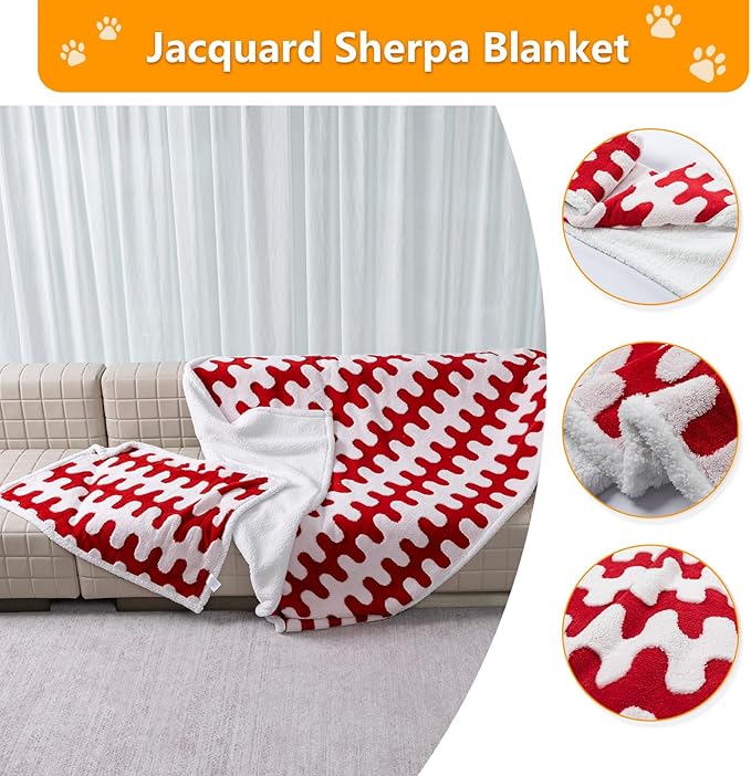 Maidewow Waterproof Pet Blanket,Dog Bed Covers Small Throw for Puppy Cats Stylish Jacquard Pets Couch Sofa Furniture Protection Washable Reversible Covers (Red Wave,XS)