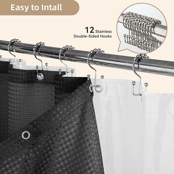 Lameirose Shower Curtain and Liner Set, 3 in 1 Waffle Shower Curtain Set with 12 Double Sided Shower Curtain Hooks, Fabric Shower Curtains for Bathroom, Black, 72 x 72