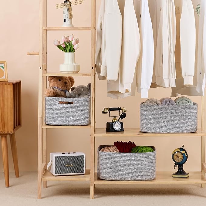 MiniArk Large Storage Baskets for Shelves, Closet Organizers Bins for Clothes Blanket Towels, Baby Nursery, Toy Baskets Box, Woven Rope Baskets, 17 x 13 x 7.5”, 3 Packs Mixed Grey