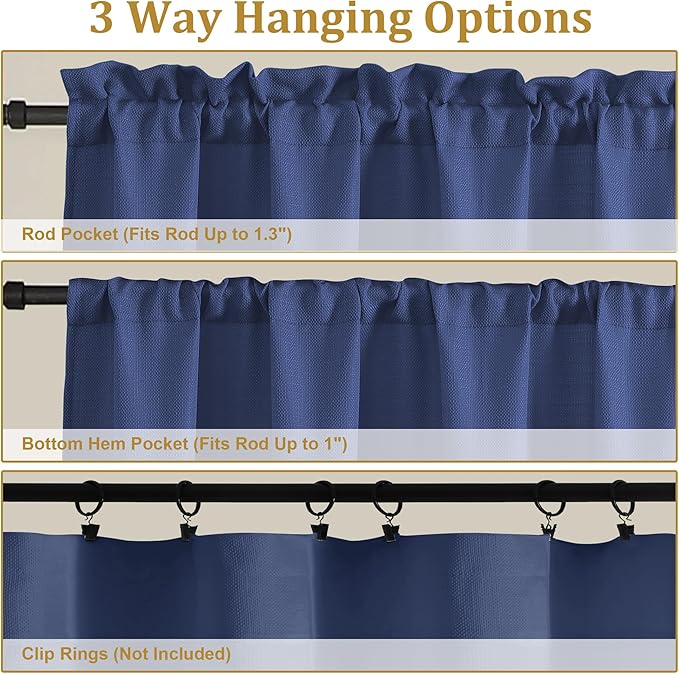 Lecloud Bessie Blue Kitchen Curtains 36 Inch Length 2 Panels, Faux Linen Textured Curtains for Bedroom Small Windows, Burlap Window Short Curtain Tiers for Boy's Room, Each 30 W x 36 L