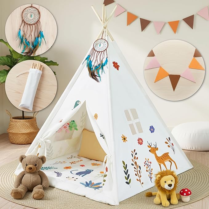 Teepee Tent for Kids with Lights, Kids Play Tent Indoor with Thicked Mat & Dream Catcher, Toddler Tent with Storage Pockets and Mesh Window for Reading Nook and Imaginative Games