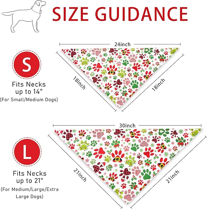 Christmas Dog Bandanas Reversible 2 Pack, Cute Santa Claus Dog Paw Tree Snowman Christmas Pet Bandanas Set Adjustable Triangle Winter Xmas Holiday Scarves for Medium Large Extra Large Boy Girl Dogs