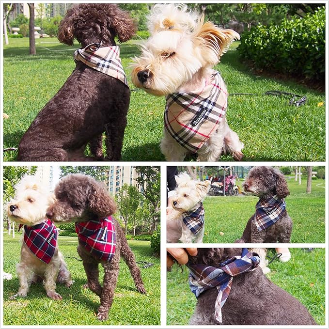 Adjustable Plaid Dog Bandanas,1PC Soft Washable Cotton Triangle Bib Kerchief Scarfs for Small Medium Large Dogs and Cats (Grey, Large)
