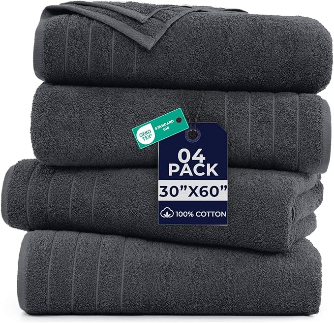DAN River Extra Large Bath Towels Set of 4, 30 x 60 Inches - 100% Cotton Larger & Lighter Weight Towels for Bathroom - Quicker to Dry, Super Soft & Highly Absorbent Towels for Home, Charcoal