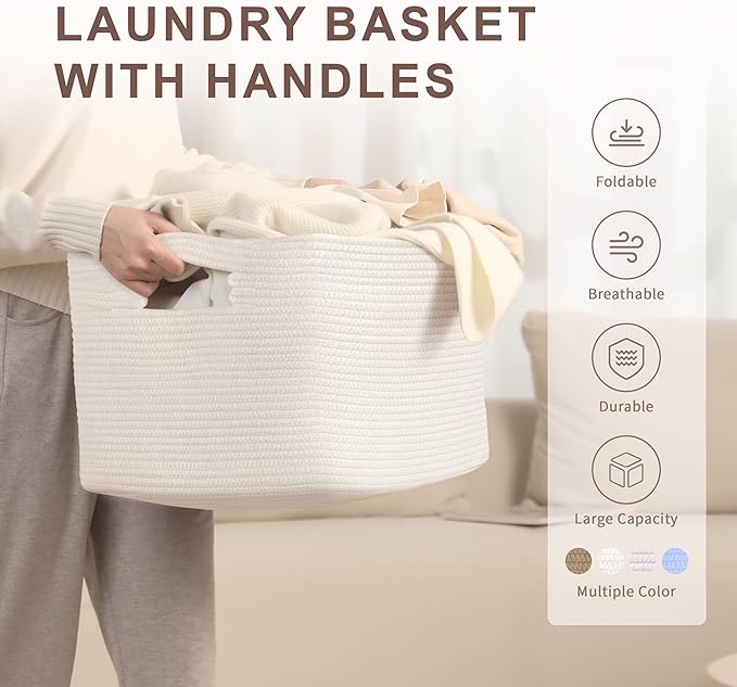 SunNewt 60L Small Baby Girls Laundry Basket for Nursery Storage,Cute Woven cotton Rope Baskets for Kids Toy，Gifts,Boho Square Wicker Blanket hamper for Living Room,Bedroom Dirty Clothes, White