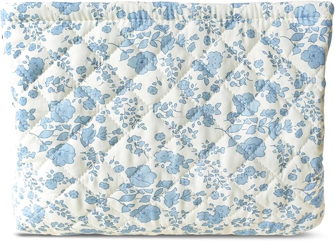HAPPYHEIDI Cotton Quilted Makeup Bag Cosmetic Toiletry Travel Pouch Purse accessory Organizer, Little Blue Orchids