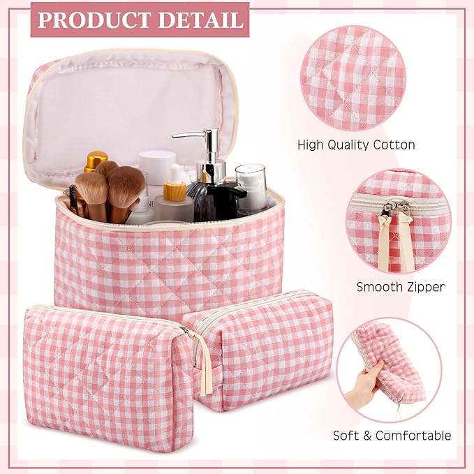 Paterr Makeup Bag Set 3 Pcs Large Quilted Cotton Make up Bags for Women Cosmetic Travel Toiletry Organizer Pouch Cute Aesthetic Storage Purse(Pink,Pink Plaid)