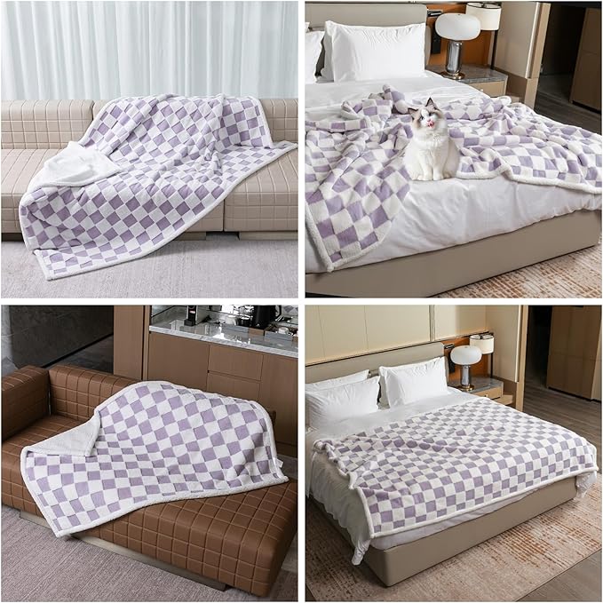 Maidewow Waterproof Pet Blanket,Dog Bed Covers Couch Sofa Stylish Jacquard Pets Throw Blankets for Puppy Cats Washable Reversible Furniture Protection Covers (Purple Check,XL)