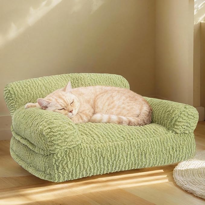 KHONSU PET Orthopedic Cat Sofa Bed - Large Plush Pet Couch for Indoor Cats, Washable Fluffy Dog & Kitty Lounge Chair with Removable Cover, Supportive Comfy Bed,24 Inch Green