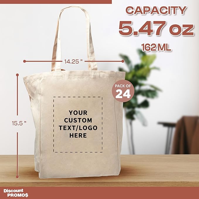DISCOUNT PROMOS Custom Cotton Canvas Tote Bags Set of 100 - Personalized, Reusable, Perfect for Grocery, Promotions, Branding - Natural Color, 14.25"X15.5"X5", 10 OZ Cotton