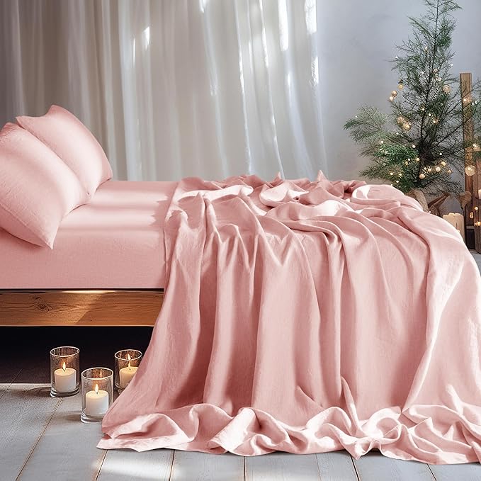 LBRO2M 100% Linen Sheet Set 16" Deep Pocket California King Size,Bed Sheets 4 Piece Sets,Solid Color Natural Flax Bed Sheets Soft Breathable Bedding,All Season (Clifornia King, Blush Pink)