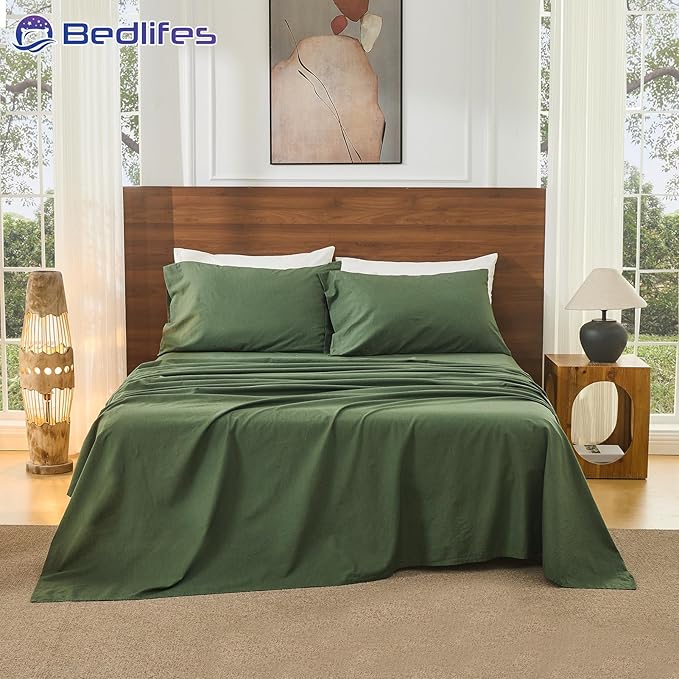 Bedlifes 100% French Pure Linen Sheets Queen Size Breathable and Cooling Flax Sheet Set Soft Durable and Moisture Wicking 16 Inch Deep Pocket-4 Piece(Queen,Forest Green)