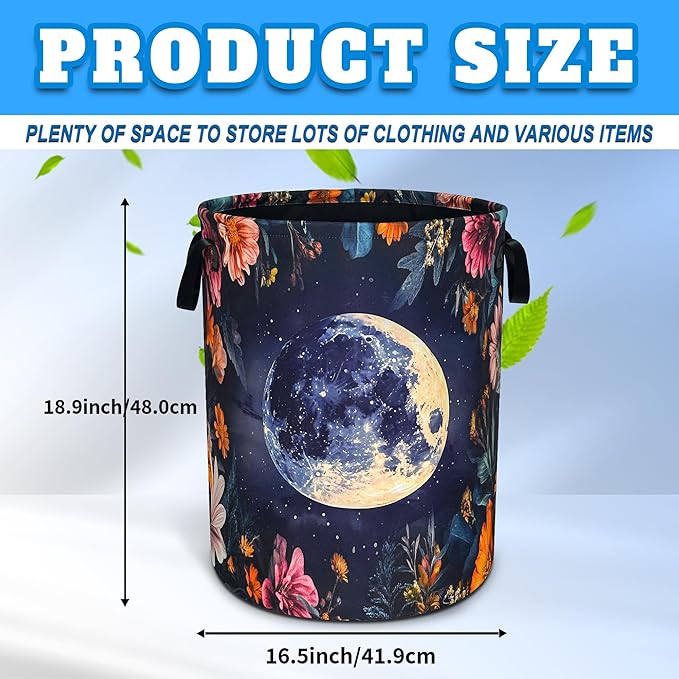 Moon Flowers Laundry Basket Oxford Cloth Night Starry Sky Laundry Hamper With Handle Foldable Portable Clothes Storage Basket 18.9 X 16.5 In Storage Bag For Laundry Room/Bathroom/Bedroom