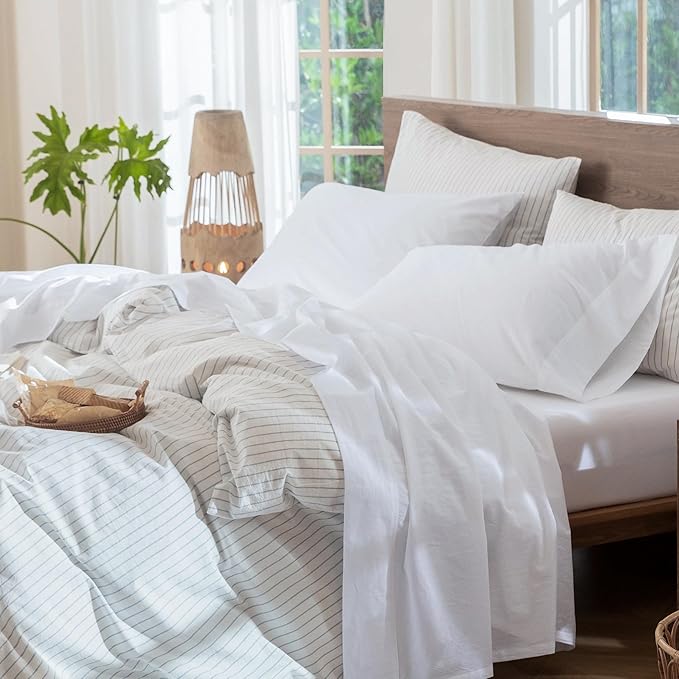 MooMee Bedding Sheet Set 100% Washed Cotton Linen Like Textured Breathable Durable Soft Comfy (Solid Bright White, Split King)