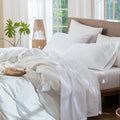 MooMee Bedding Sheet Set 100% Washed Cotton Linen Like Textured Breathable Durable Soft Comfy (Solid Bright White, California King)